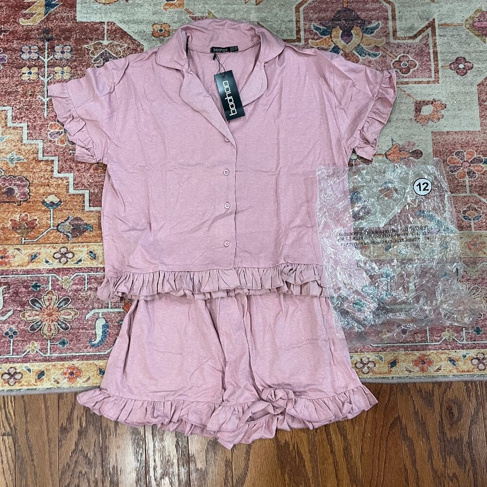 Boohoo Womens New With Tags Size 8 Pajama Set Pink Ruffles